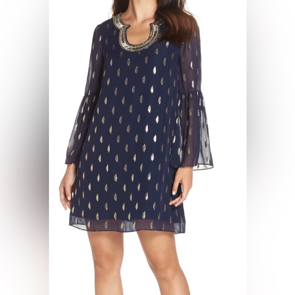 Lilly Pulitzer Amory Silk Shift Dress Navy Gold Medium Beaded Metallic Size 0